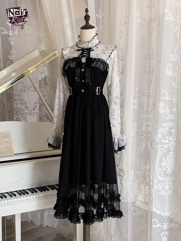 Elastic Lace Trim - Vestido Lolita Vintage Francês Feminino Preto