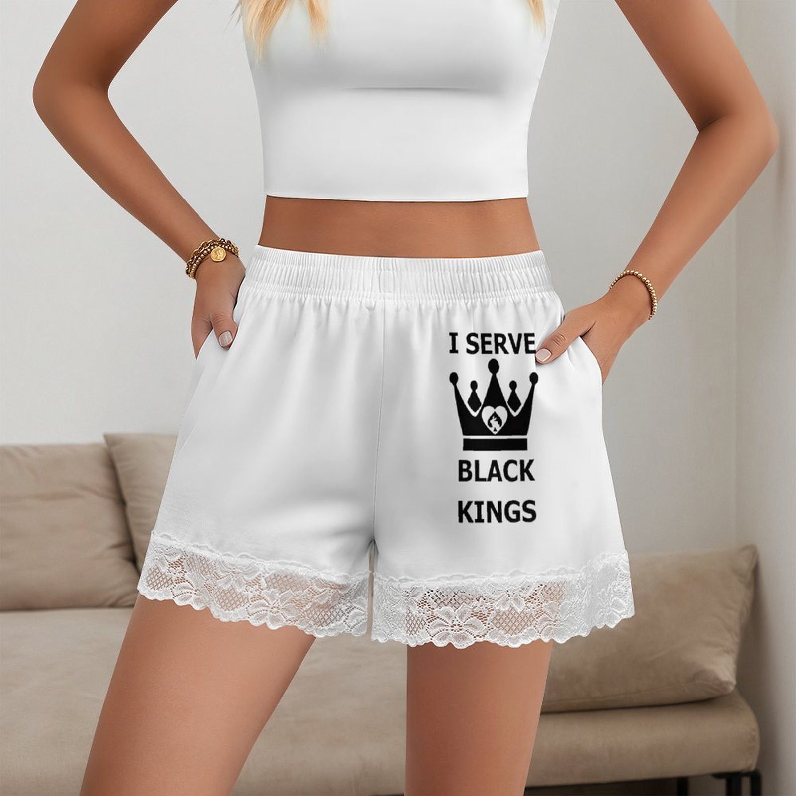 Elastic Lace Trim - Calças de dormir femininas com detalhes